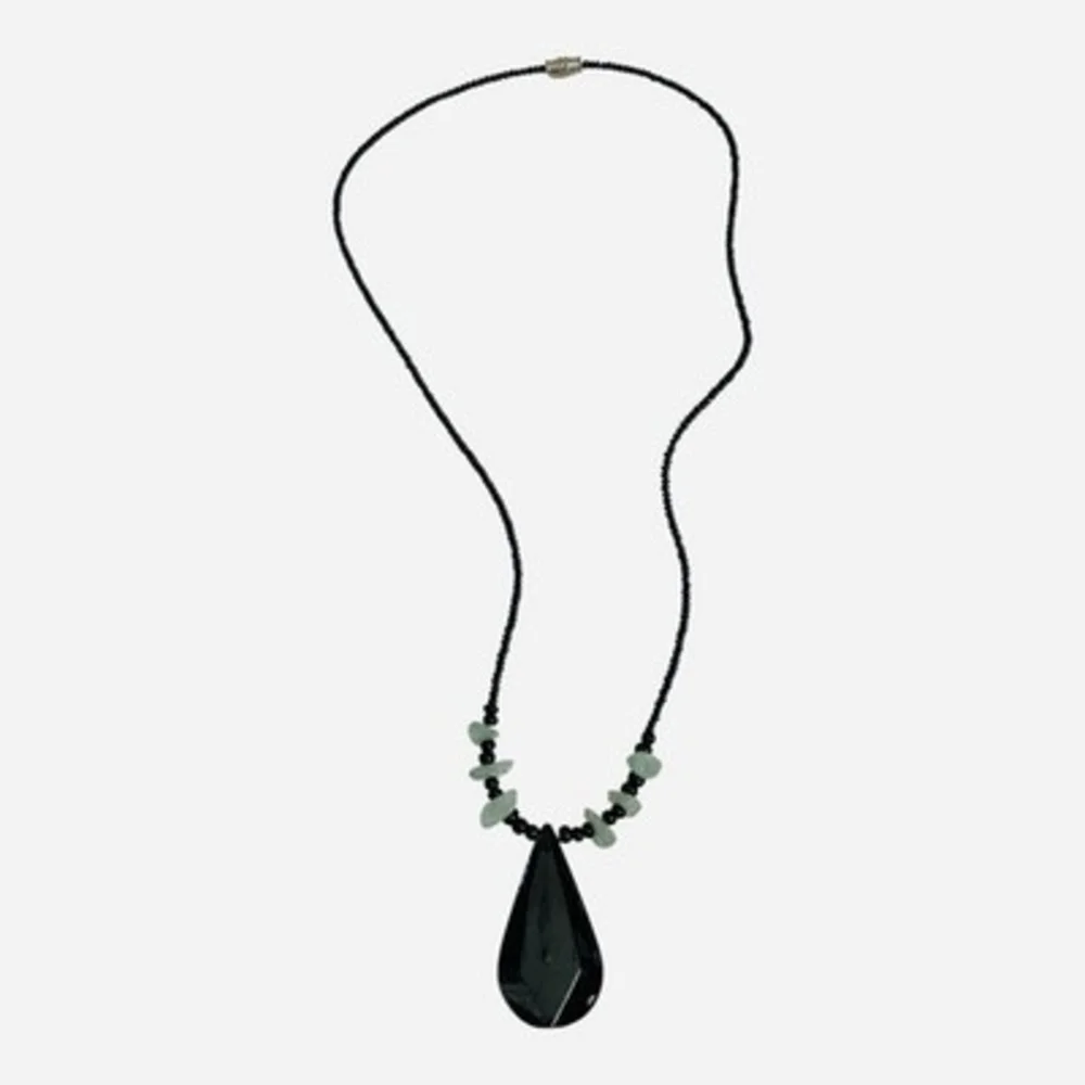 Black Gemstone Teardrop Pendant Necklace Green Prehnite Beads Cord Boho VG